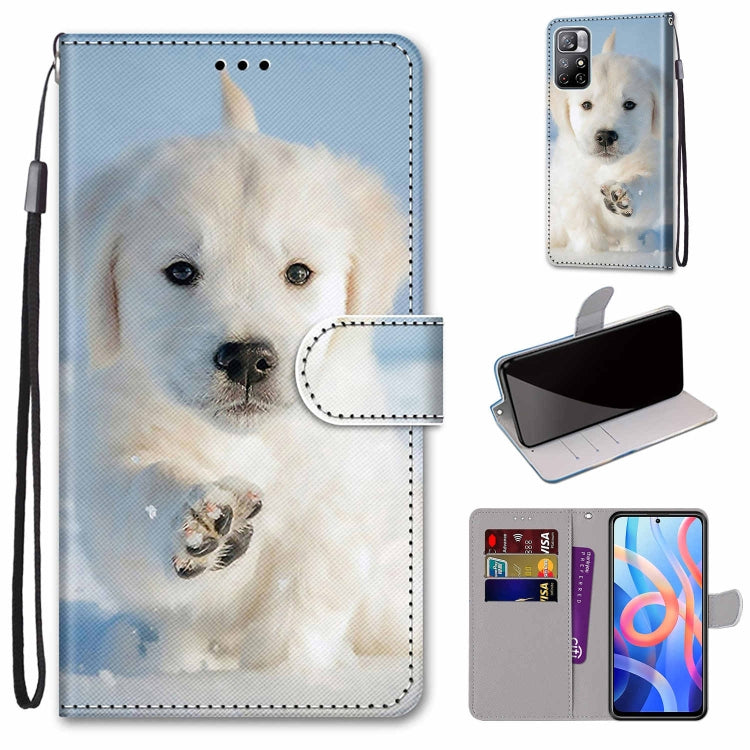 Light blue dog face phone wallet case with flip cover, card slots, and wrist strap.