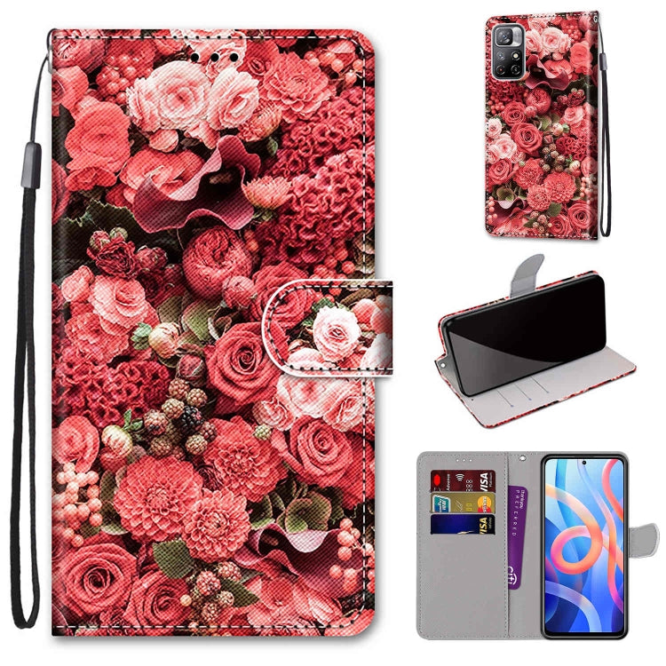 Red rose bouquet phone wallet case with flip cover, card slots, and wrist strap.