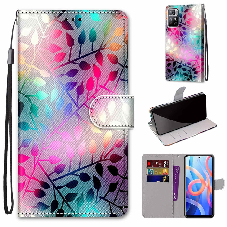 Colorful leaf pattern phone wallet case with flip cover, card slots, and wrist strap.