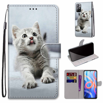 Cream cat face phone wallet case with flip cover, card slots, and wrist strap.