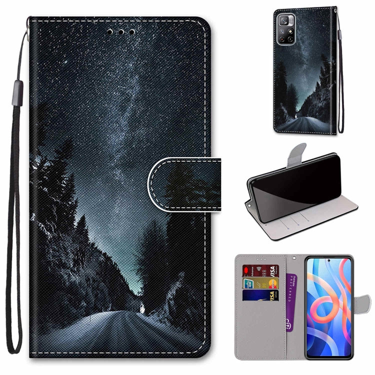 Dark night forest and mountain leather phone wallet case with flip cover, card slots, and lanyard