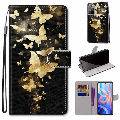 Black phone wallet case with gold butterflies and moon design, flip cover, card slots, strap.