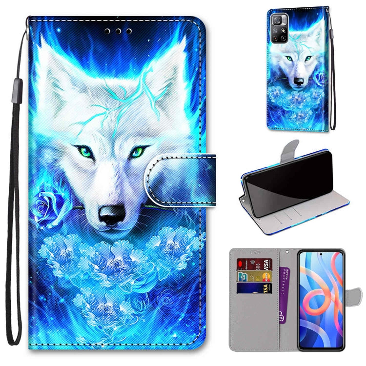Blue wolf print leather phone wallet case with flip cover, card slots, and lanyard