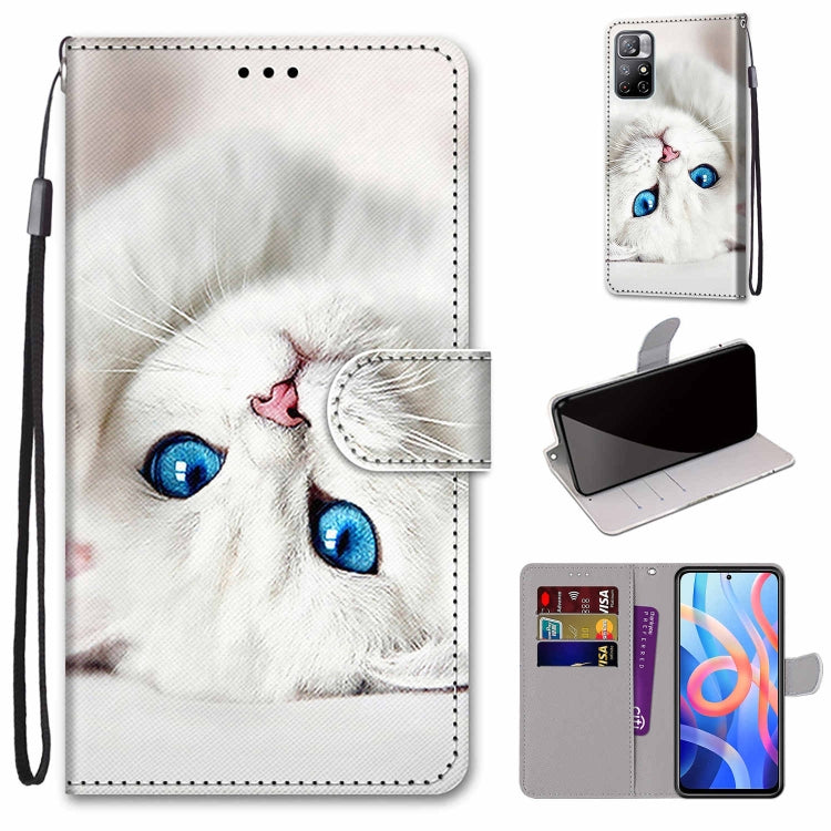 White cat portrait leather phone wallet case with flip cover, card slots, and lanyard