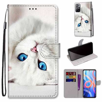 White cat portrait leather phone wallet case with flip cover, card slots, and lanyard