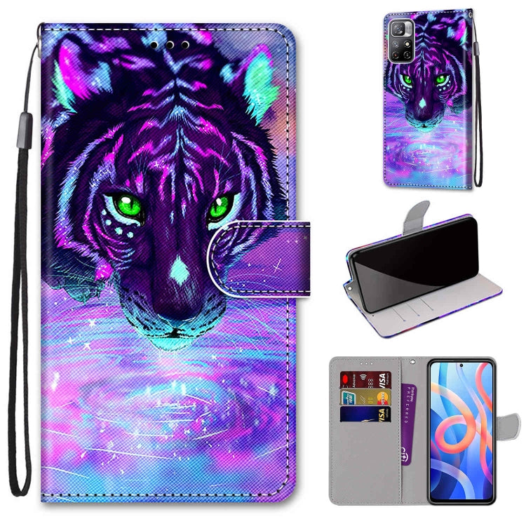 Purple tiger cat print leather phone wallet case with flip cover, card slots, and lanyard