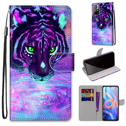 Purple tiger cat print leather phone wallet case with flip cover, card slots, and lanyard