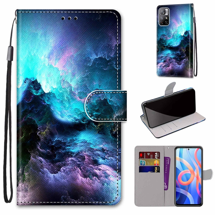 Blue galaxy clouds leather phone wallet case with flip cover, card slots, and lanyard