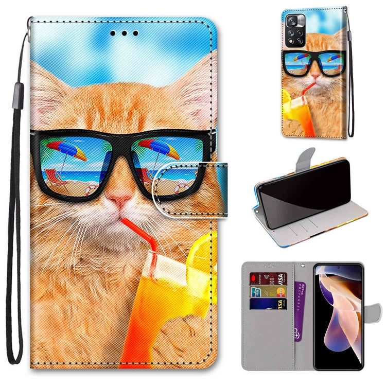 Orange cat with sunglasses leather phone wallet case with flip cover, card slots, and lanyard