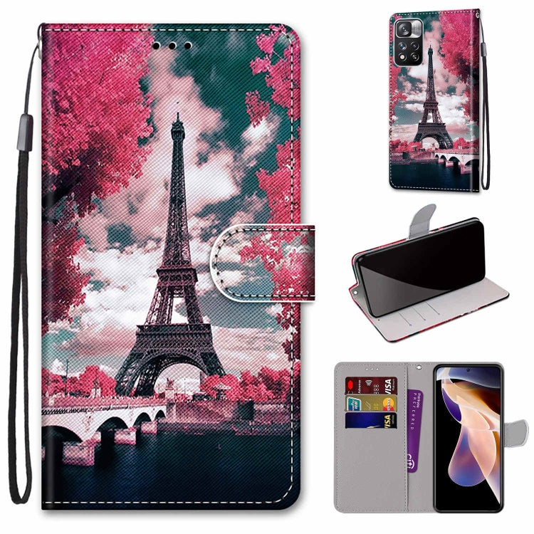 Pink Eiffel Tower scene leather phone wallet case with flip cover, card slots, and lanyard