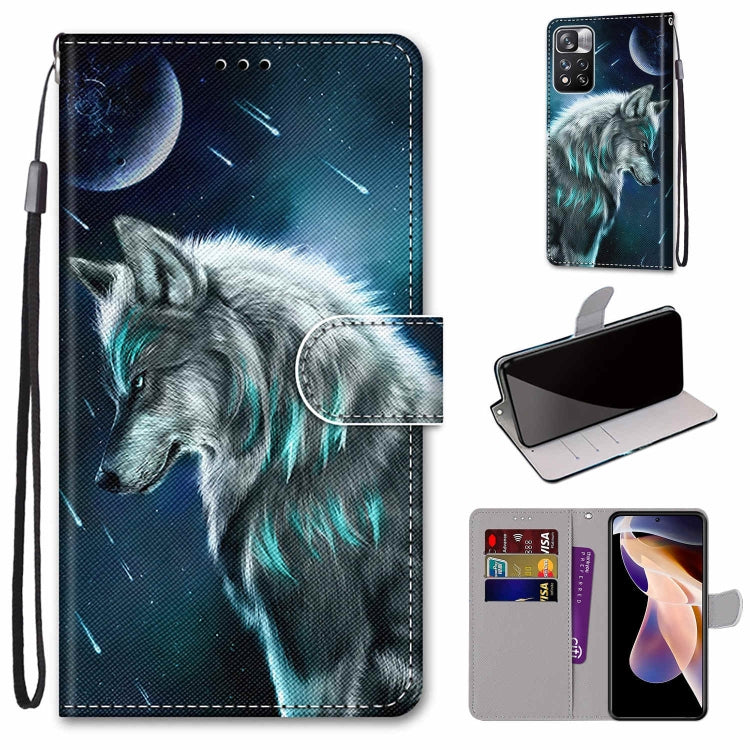 Blue wolf face leather phone wallet case with flip cover, card slots, and lanyard