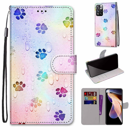 Colorful paw prints leather phone wallet case with flip cover, card slots, and lanyard