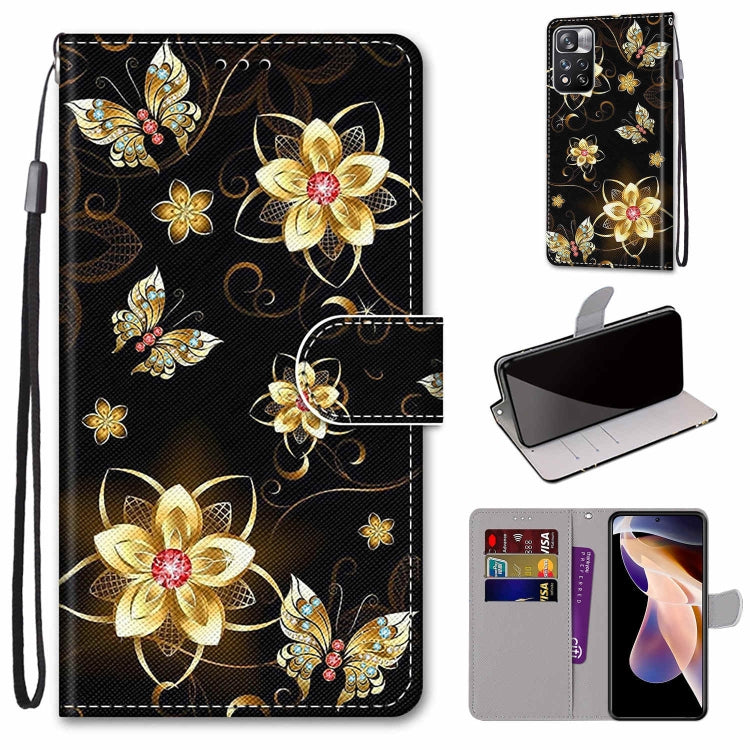 Phone case wallet with lanyard, black background with gold floral butterflies, flip cover.