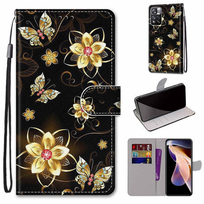 Phone case wallet with lanyard, black background with gold floral butterflies, flip cover.