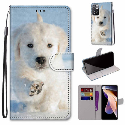 Phone case wallet with lanyard, light blue dog portrait print, flip cover and card slot.