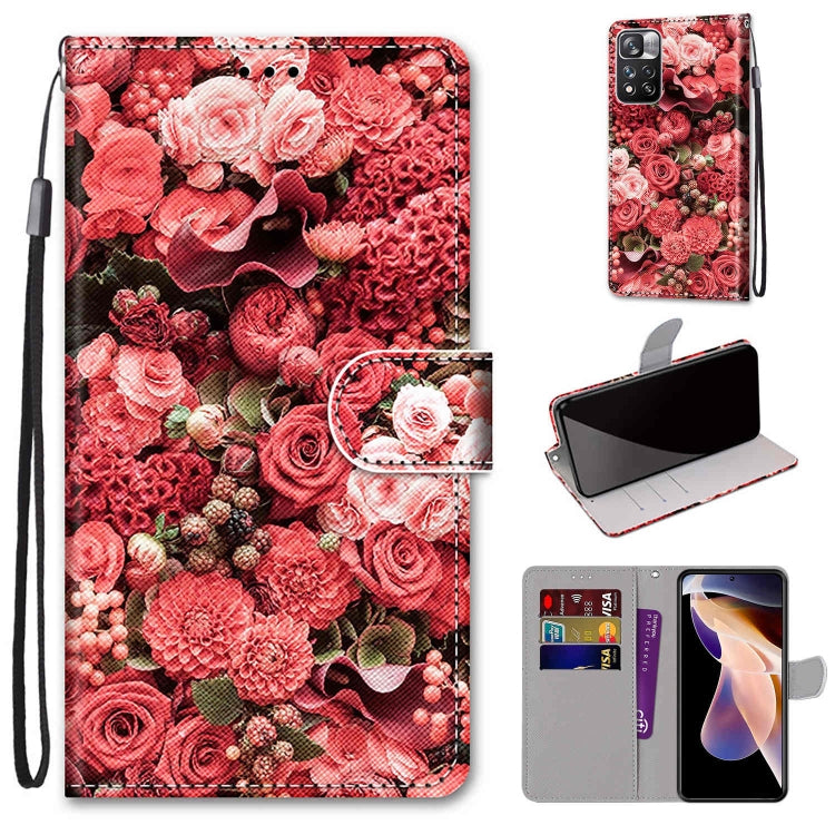 Phone case wallet with lanyard, red rose floral print, flip cover and card holder.