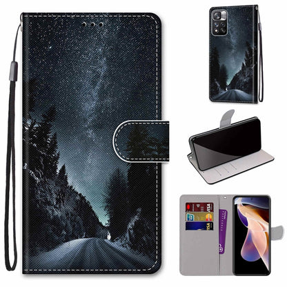 Flip wallet phone case with lanyard and card slots, night sky forest silhouette design