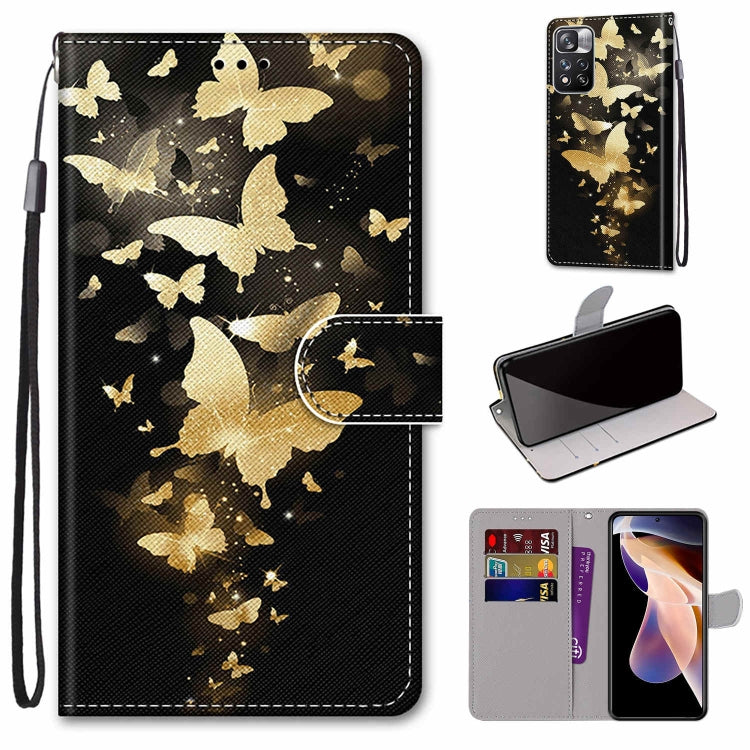 Phone case wallet with lanyard, gold butterfly sparkle pattern, flip cover and card slot.