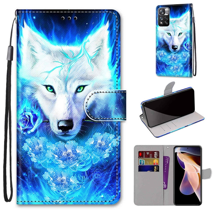 Flip wallet phone case with lanyard and card slots, blue wolf illustration design