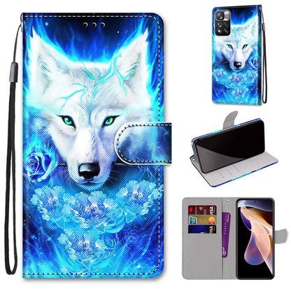 Flip wallet phone case with lanyard and card slots, blue wolf illustration design