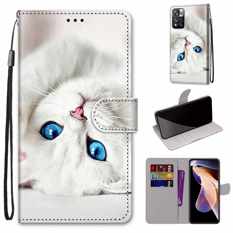 Flip wallet phone case with lanyard and card slots, white cat face illustration design