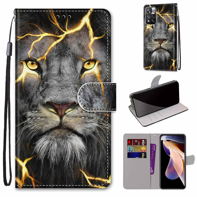 Flip wallet phone case with lanyard and card slots, gray lion head with gold lines design