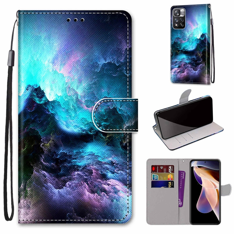 Flip wallet phone case with lanyard and card slots, blue purple galaxy cloud design