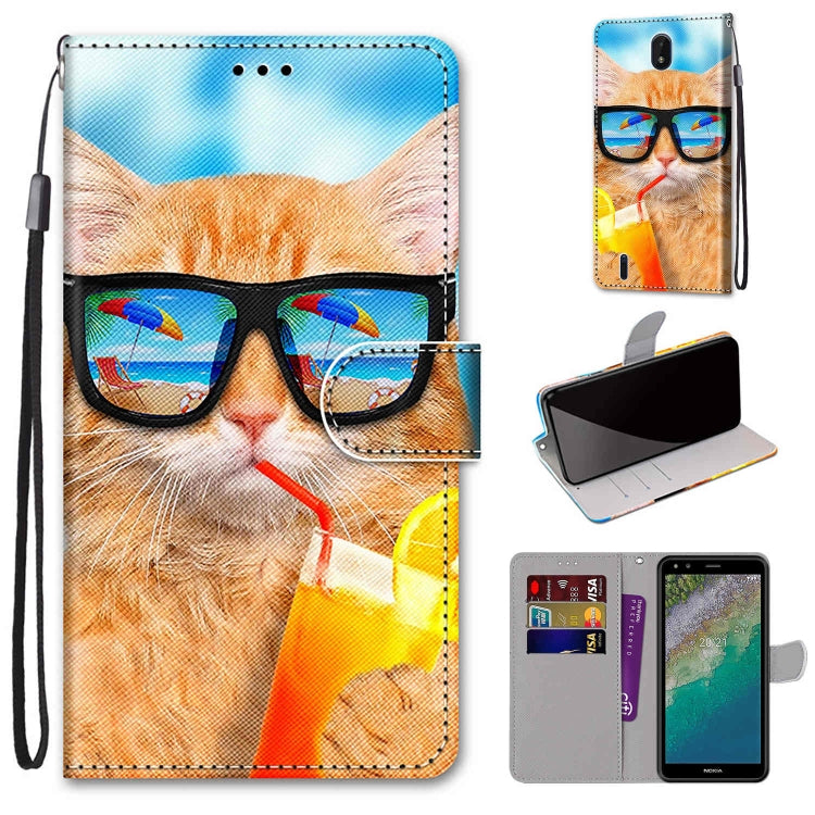 Flip wallet phone case with lanyard and card slots, orange cat with sunglasses design