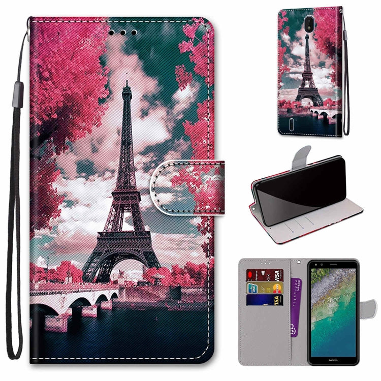 Flip wallet phone case with lanyard and card slots, pink Eiffel Tower collage design
