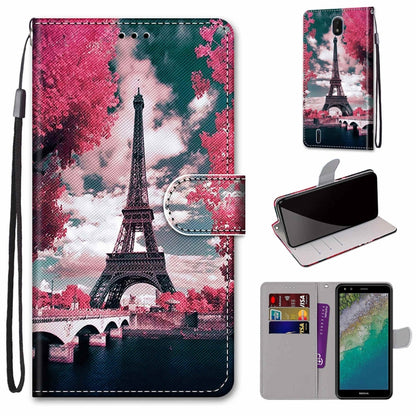 Flip wallet phone case with lanyard and card slots, pink Eiffel Tower collage design
