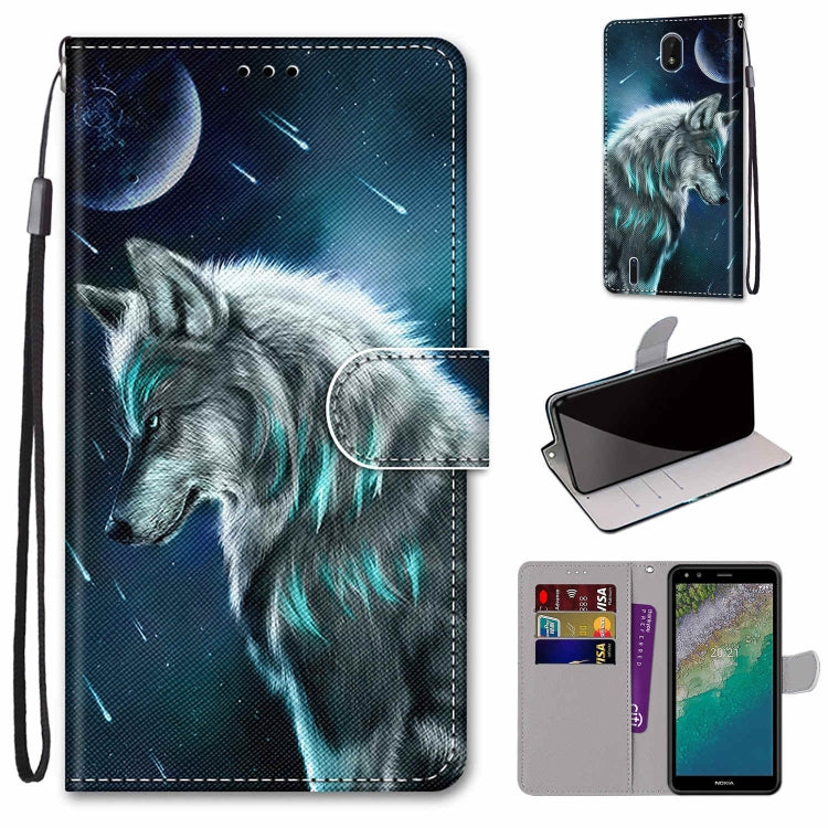 Flip wallet phone case with lanyard and card slots, dark blue wolf under moon design
