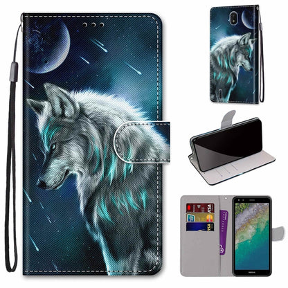 Flip wallet phone case with lanyard and card slots, dark blue wolf under moon design
