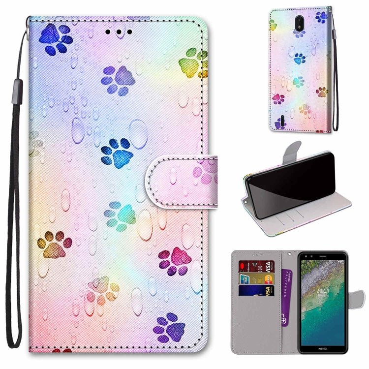 Flip wallet phone case with lanyard and card slots, colorful paw print pattern design