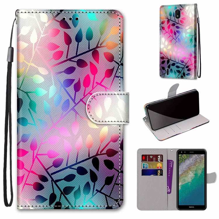 Colorful leaf and blossom printed leather-style phone wallet case with flip cover and card slots