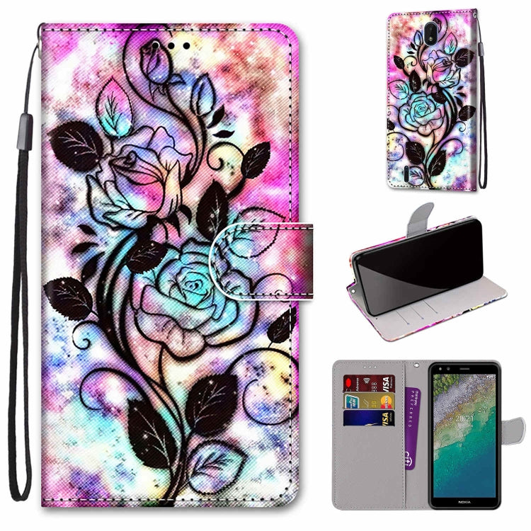 Pink and blue flower illustrated leather-style phone wallet case with flip cover and card slots