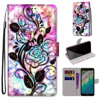 Pink and blue flower illustrated leather-style phone wallet case with flip cover and card slots