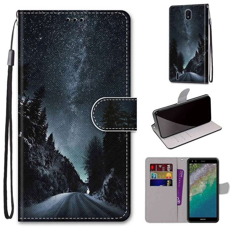 Blue night mountain and pine printed leather-style phone wallet case with flip cover and card slots