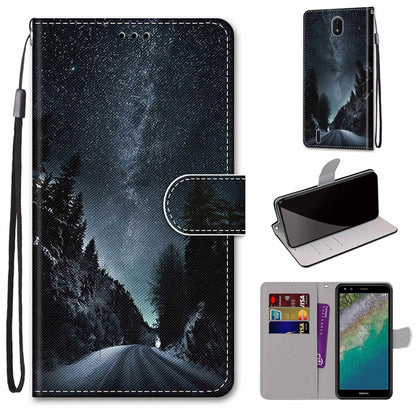 Blue night mountain and pine printed leather-style phone wallet case with flip cover and card slots