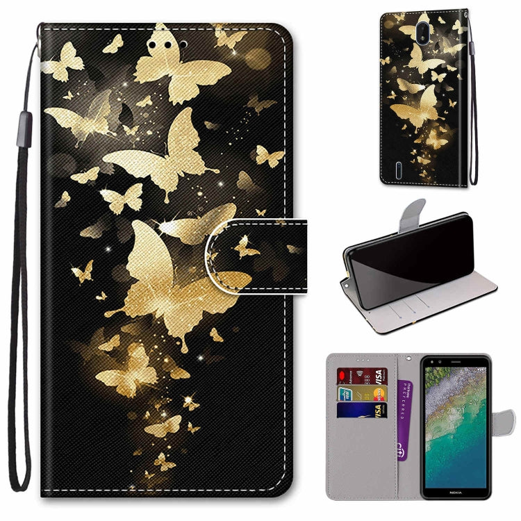 Gold butterfly and star printed leather-style phone wallet case with flip cover and card slots