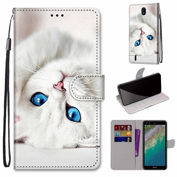 Flip leather phone wallet case with white cat print, card slots, and wrist strap