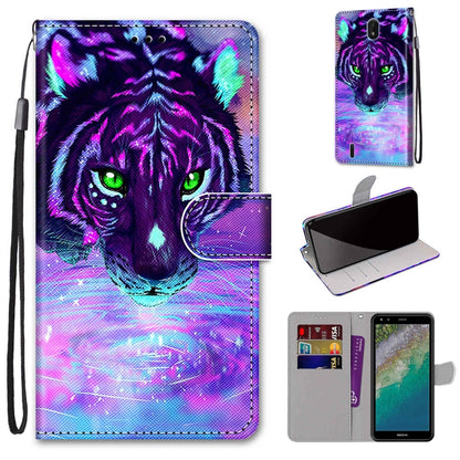 Flip leather phone wallet case with purple cat print, card slots, and wrist strap