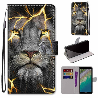 Flip leather phone wallet case with lion face and lightning print, card slots, wrist strap
