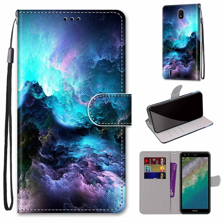 Flip leather phone wallet case with blue galaxy print, card slots, and wrist strap