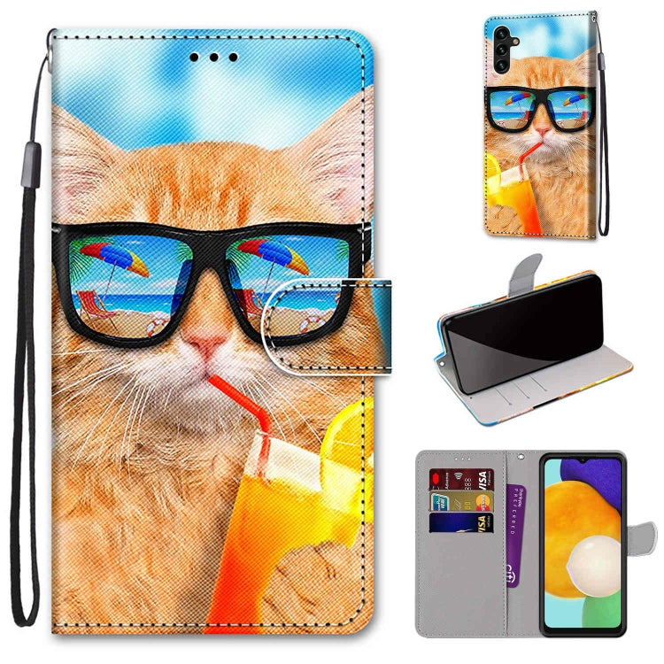 Cat glasses flip phone wallet case with holder, lanyard strap, and card slots