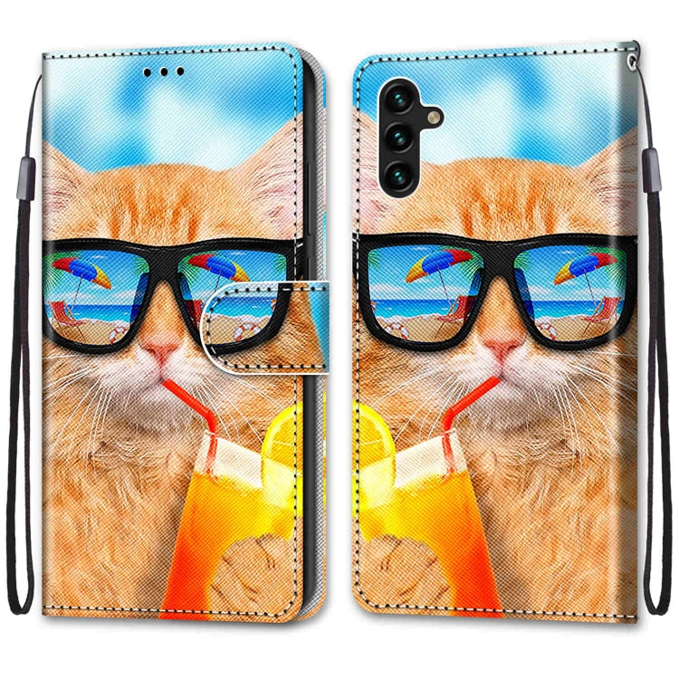 Cat glasses flip phone wallet case, lanyard strap, and card slots