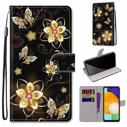 Black leather phone wallet case with gold butterflies, card slots, and wrist strap