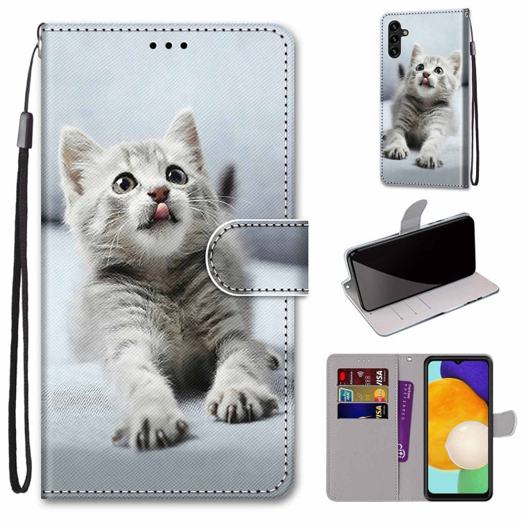 White cat leather phone wallet case with card slots, magnetic flap, and wrist strap