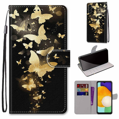 Black leather phone wallet case with gold butterflies, card slots, and wrist strap