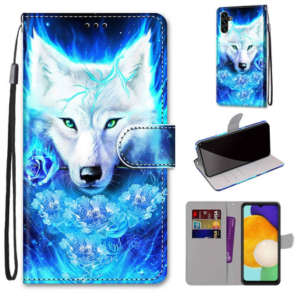 Printed leather phone wallet case with lanyard, flip cover, card slots; blue wolf design.