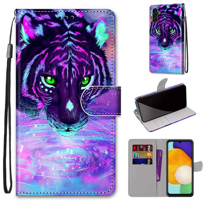 Printed leather phone wallet case with lanyard, flip cover, card slots; purple tiger cat design.